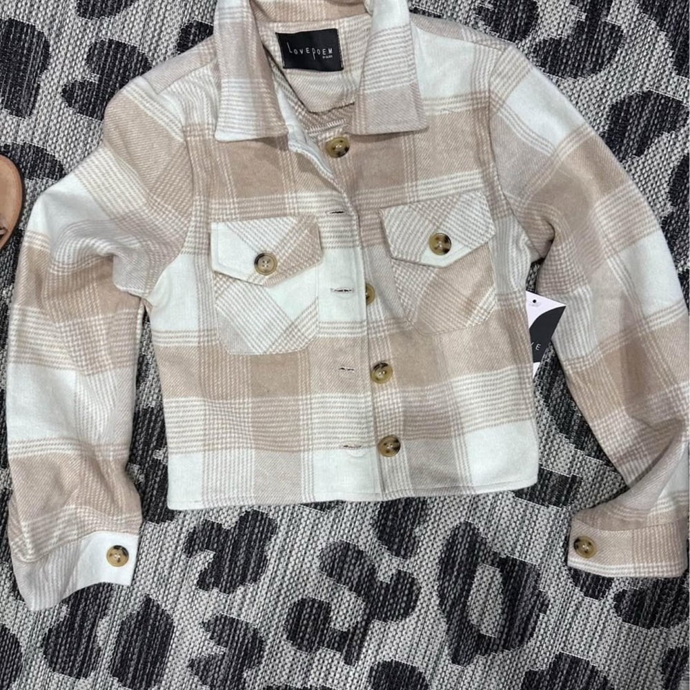 Tan and Cream Plaid Blazer with Classic Collar
